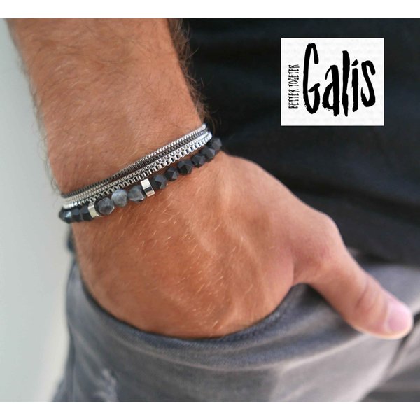 ブランド名：Galis Jewelry Beaded Bracelet 品番：MB096 素材：天然石、オニキスビーズ、ステンレス鋼、シリコン糸 色：シルバー、ブラック 長さ:18cm 耐水性 付属品：専用箱 天然石とステンレス鋼の2つのブ...