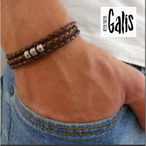 Galis Jewelry MB405 ガリス ハンドメイド Brown Leather Bracelet With Silver Beads メンズ ブレスレット