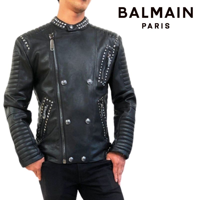 バルマン ライダースジャケット メンズ 大特価 BALMAIN PARIS バルマン 8011 ライダース ジャケット スタッズ エコレザー アウター 上着