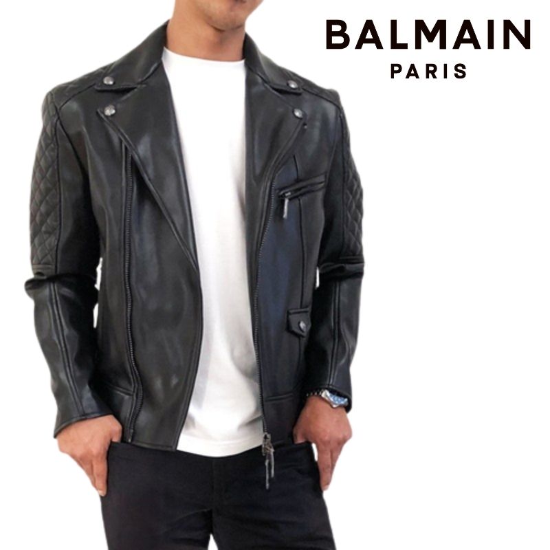 バルマン ライダースジャケット メンズ 大特価 BALMAIN PARIS バルマン 8008 ブルゾン エコレザー ライダース ジャケット アウター メンズ 黒 ロゴ ブランド
