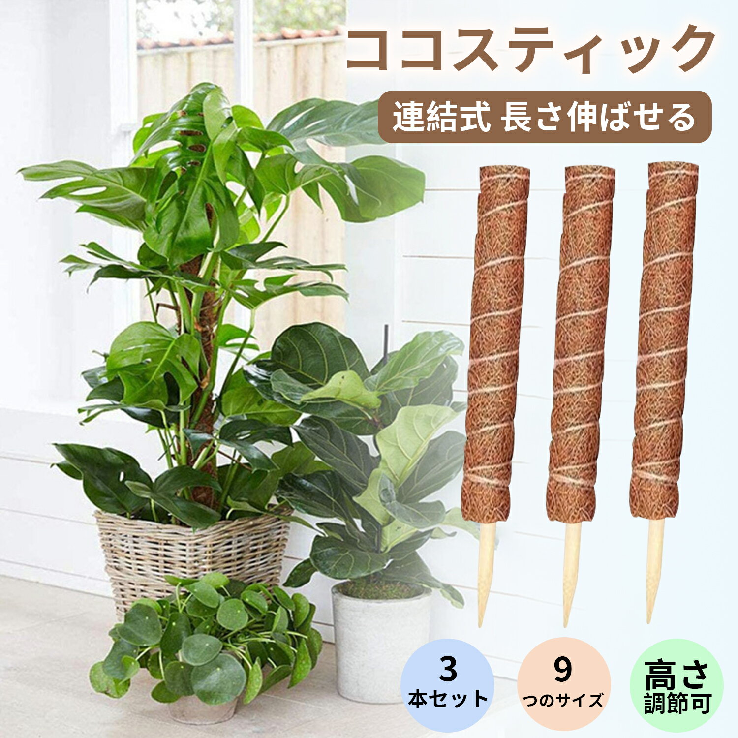 ココスティック 天然ココナッツ繊維支柱 モンステラ ポトス ヘデラ対応 高さ調整可能 延長式観葉植物支..