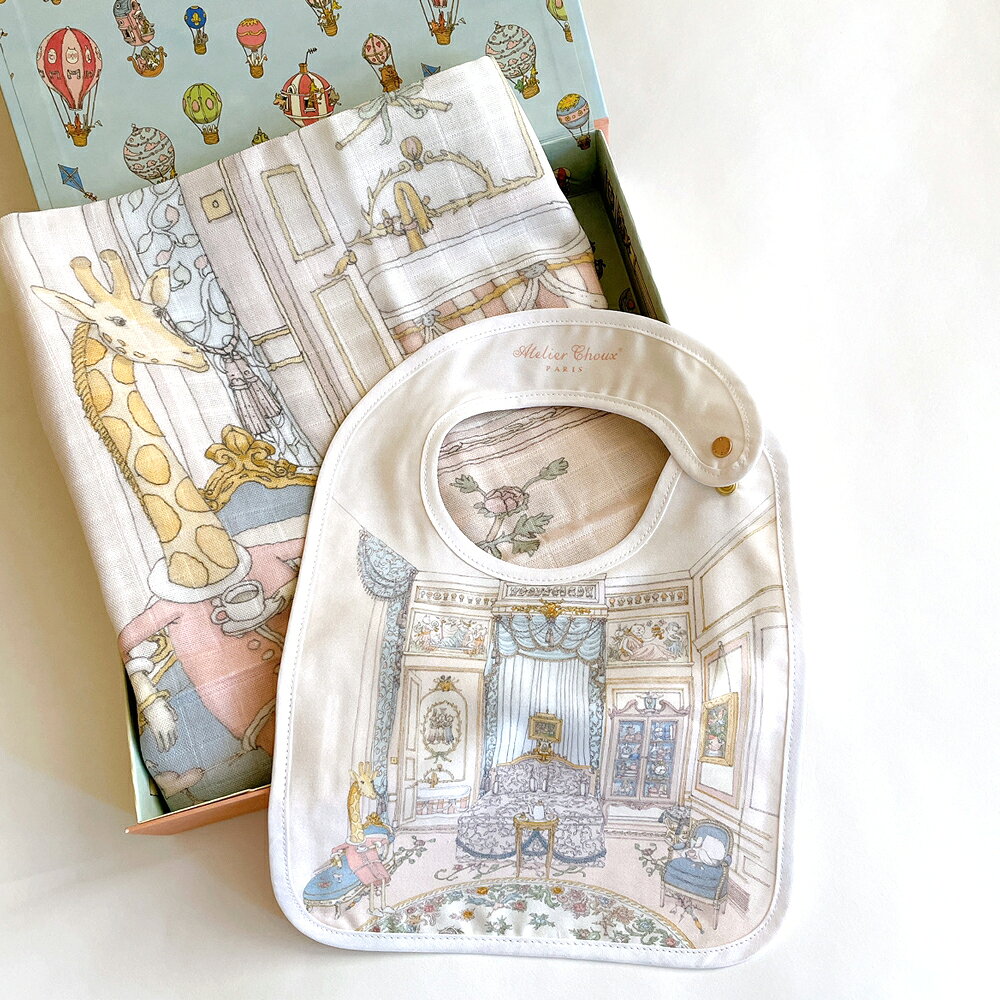 (正規品)アトリエシュー ブランケット Atelier Choux おくるみ+スタイ+専用ボックス 名入れ刺繍 フランス製 ベビー 男の子/女の子 退院 ひざ掛け 日除け AtelierChoux アトリエシュー おくるみ アトリエシュウ オーガニックコットン 出産祝い ギフト 正規輸入品 直輸入 2
