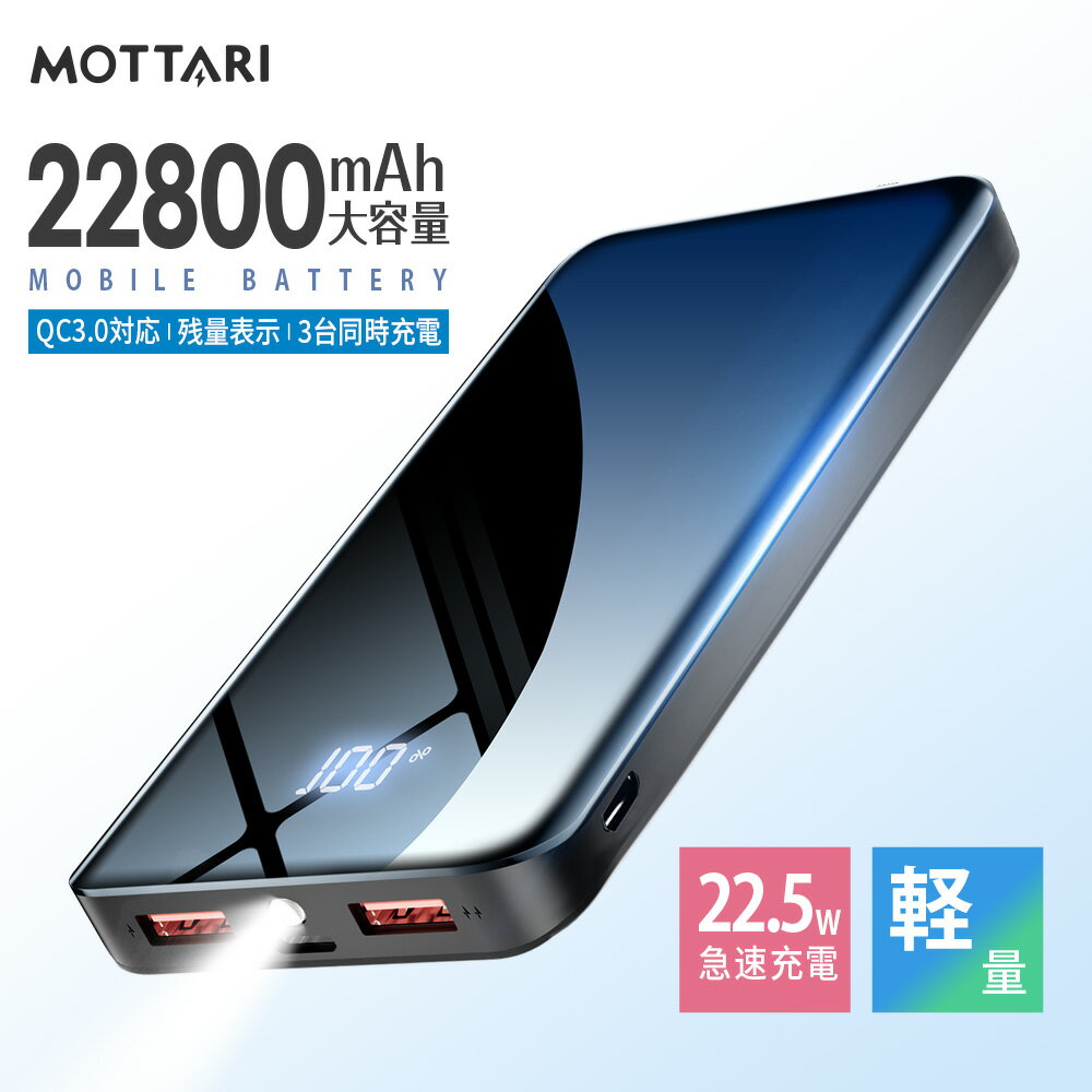 「楽天1位」「22.5W急速充電 3台同時充電」モバイルバッテリー 大容量 22800mAh 軽量 小型 PD QC3.0 対応 高出力 コンセント 超薄 タイプc typec スマホ充電器 10000mAh より増量 残量表示 旅行 停電 地震 災害 防災 防災グッズ iPhone/Android対応 おしゃれ