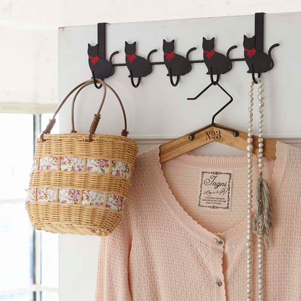 山崎実業 ドアハンガー 猫 5連 横型 ブラック 7935 ｜ ドアフック アイアンフック 子供部屋 ネコ 壁フ..
