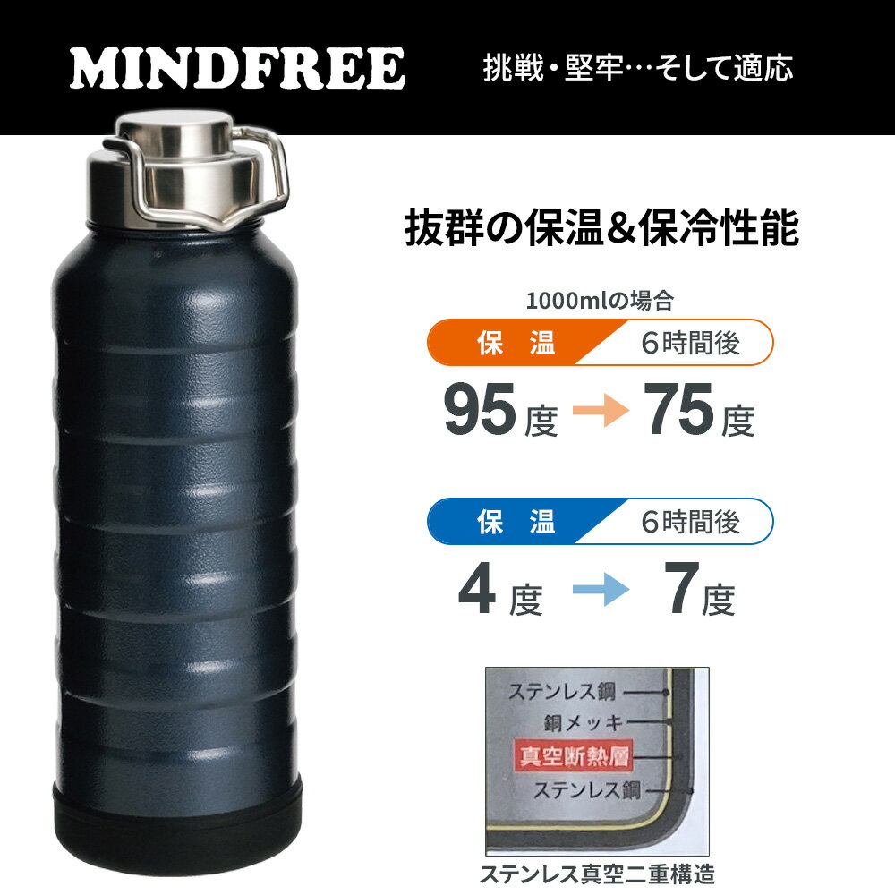 水筒 マインドフリーステンボトル 1000ml ネイビー MF-11N ｜ マグボトル 保冷 保温 真空二重構造 直飲み 直飲み水筒 ハンドル付き 1L ステンレス製 パウダーコート 通勤 通学 オフィス アウトドア スクリュー 底カバー スポーツ 部活