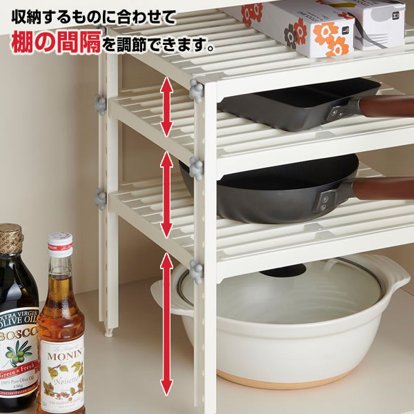 フライパン 収納 Belca 3段フリーラック PS-485 ｜ 鍋 ラック 収納ラック 棚 台所 流し台下 収納 高さ調節 開き扉 観音開き システムキッチン 白 ベルカ MORE smart ra-beans-10031306 びーんず キッチンと暮らしの道具 サンプル画像3