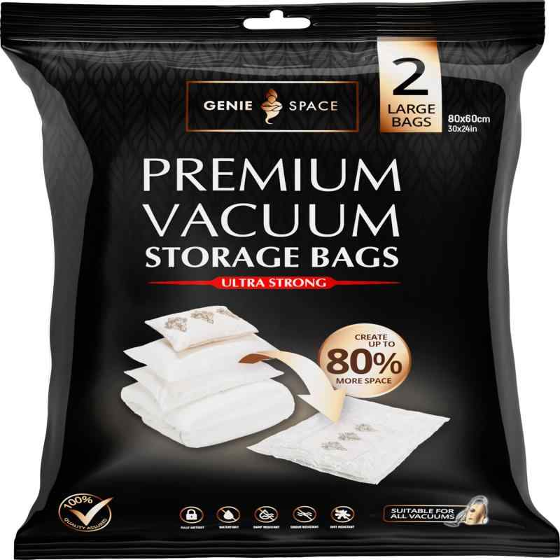 GENIE SPACE - Incredibly Strong Premium Space Saving Vacuum Bags Storage Airtight Reusable Create 80 more space For Clothes, Towels, Bedding, Duvets and more.