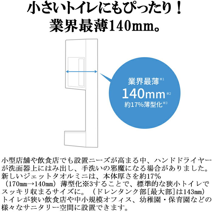(LINEクーポン有)三菱電機 JT-MC105J-W ハンドドライヤー ジェットタオルミニ 簡易ヒーター付 交流100V専用 ホワイト Jet Towel Mini 業務用 片面ジェット乾燥 トイレ 省スペース MITSUBISHI ミツビシ 3