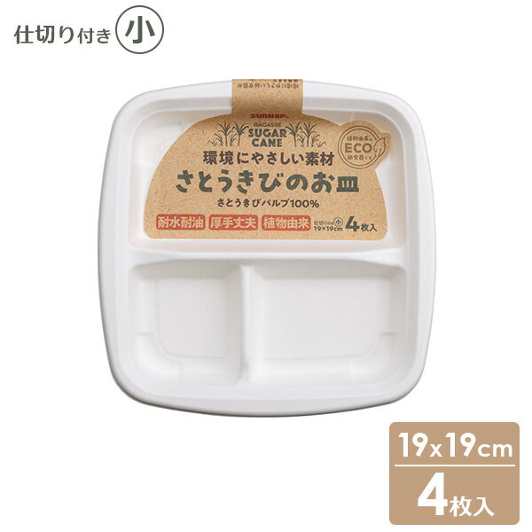 さとうきびのお皿 仕切付（小） 19cm 4枚入 PT-19SOM ｜ 紙皿 使い捨て食器 容器 簡易 ペーパープレー..