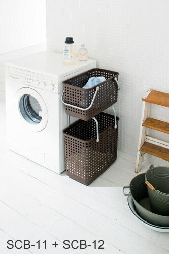 バスケット ランドリーバスケット M ブラウン 2個セット SCB-11 | 洗濯かご 重ねる 洗濯物入れ 脱衣所収納 積み重ね スタッキング おしゃれ プラスチック メッシュ スカンジナビア ライクイット