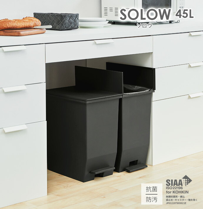 ゴミ箱 SOLOW ソロウ ペダルオープンツイン 45L ブラック | ごみ箱 ダストボックス おしゃれ ペダル式 カップボード下 45リットル キャスターつき 分別 カウンター下 キッチン 抗菌 観音開き [3]