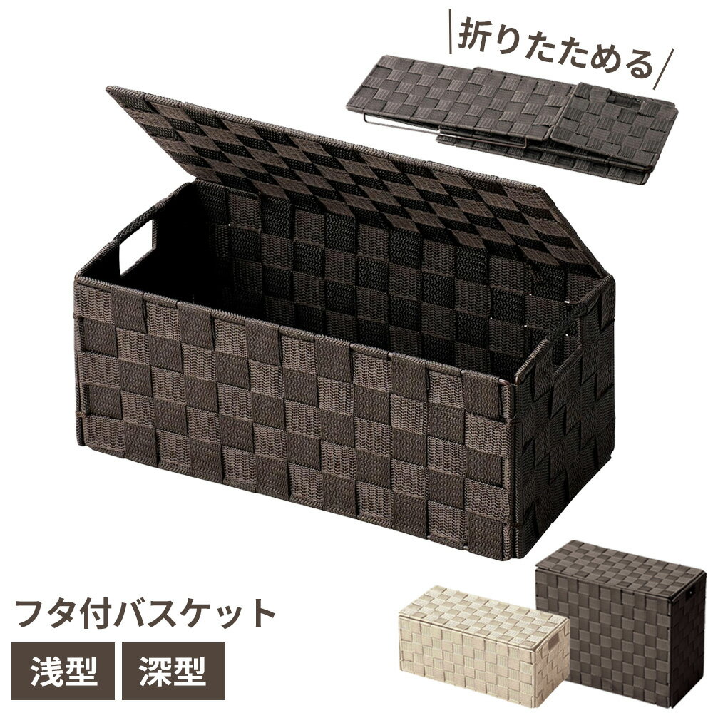 樂天商城 - フタ付き折りたたみ式バスケット 浅型 ベージュ ｜ 収納ボックス 編みかご 蓋付き 浅型 深型 折りたたみ おしゃれ ナチュラル 手編み カゴ ケース 目隠し収納 掃除道具 スリッパ 小物入れ ランドリー トイレ リビング 玄関