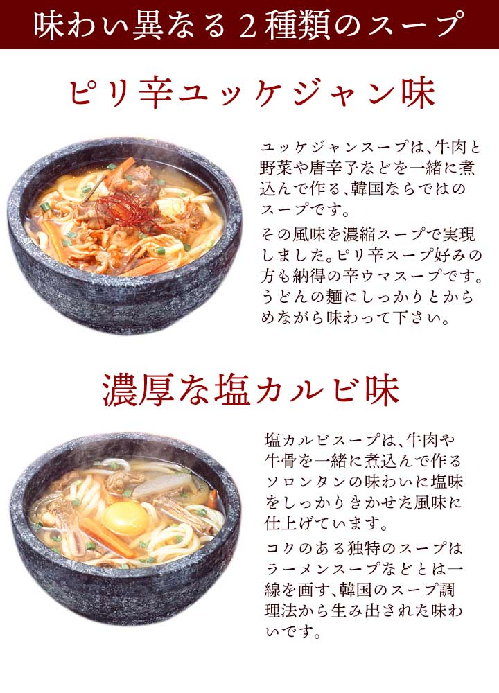 韓国うどん10食セット（塩カルビスープ味×5食、ユッケジャンスープ味×5食） プロが選ぶ業務用・麺は1玉170gで食べ応え満点！（ギフト・中元 歳暮） 常温便・クール冷蔵便・冷凍便可 送料無料 韓国 スープ 食品 韓国グルメ 韓国料理 お取り寄せ 麺