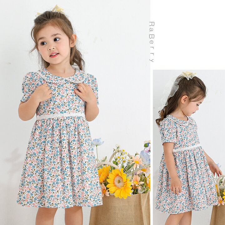 【即納】襟付 花柄チュニックワンピース キッズ 女の子 裏地つき 子供服 こども服 子ども服 プチプラ 春 夏 90cm 100cm 110cm 120cm 130cm 140cm 通園 通学 プレゼント ピンク ブルー イエロー