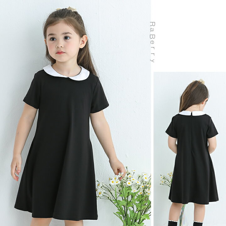 【即納】半袖 白襟 レース襟 aライン フォーマル ワンピース キッズ 子供服 ポケット付き ノ女の子 こども服 子ども服 無地 プチプラ 春 夏 礼服 喪服 法事 100cm 110cm 120cm 130cm 140cm 通園 通学 プレゼント ブラック ハロウィン コスプレ 3