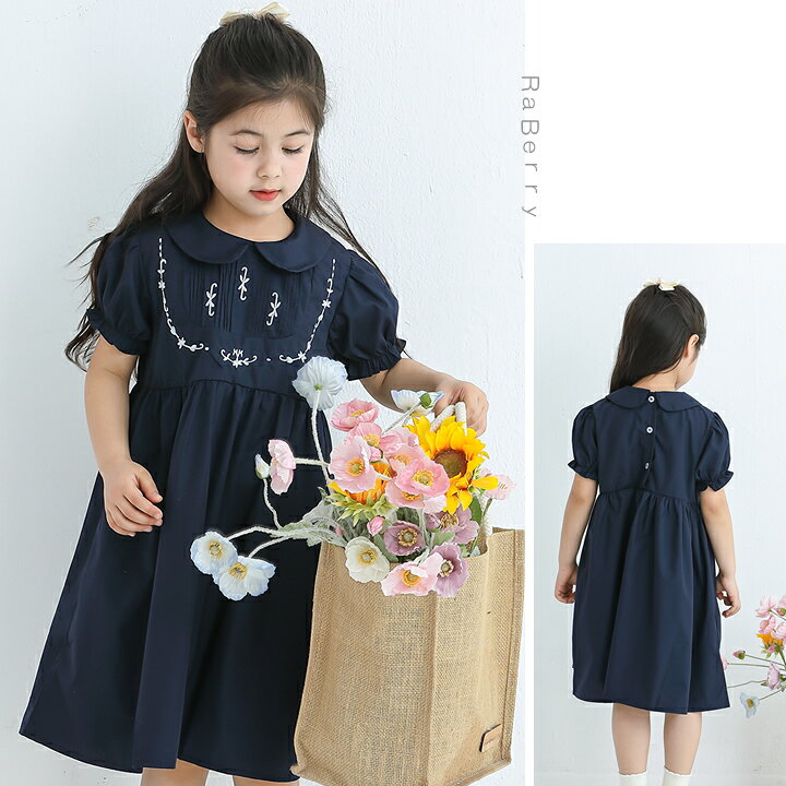 【即納】刺繡 半袖 襟付ワンピース キッズ 女の子 子供服 フォーマル こども服 子...