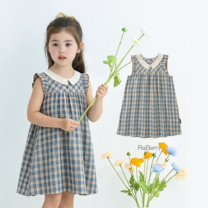 乐天商城 - 【即納】レース襟 ワンピース チェック柄 キッズ ノースリーブ 女の子 子供服 こども服 子ども服 プチプラ 春 夏100cm 110cm 120cm 130cm 140cm 通園 通学 プレゼント ブルー