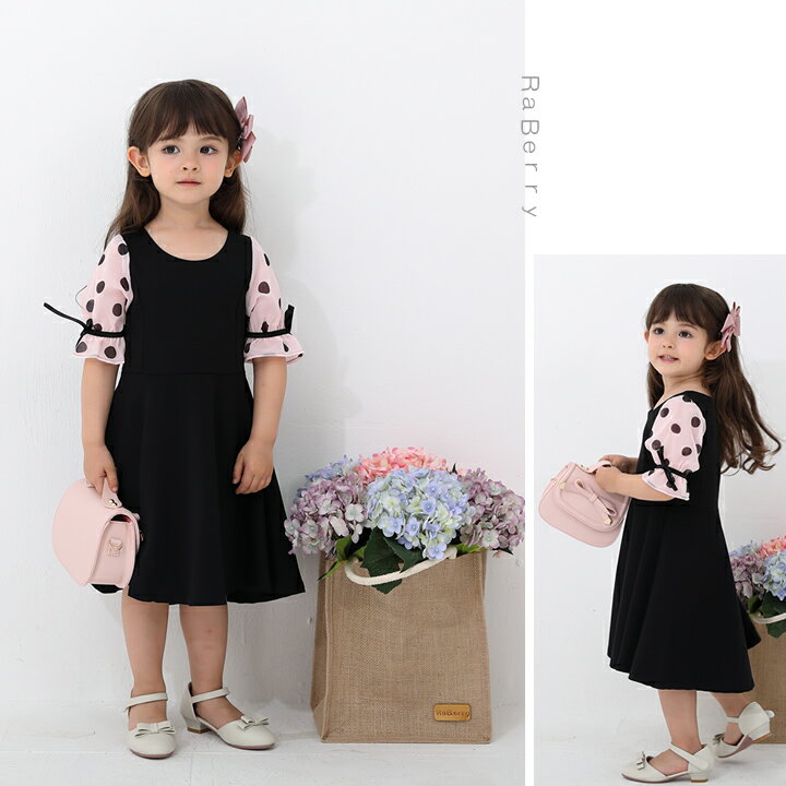 【即納】半袖 フォーマル ワンピース キッズ 長袖 袖ドット柄 女の子 子供服 こど...