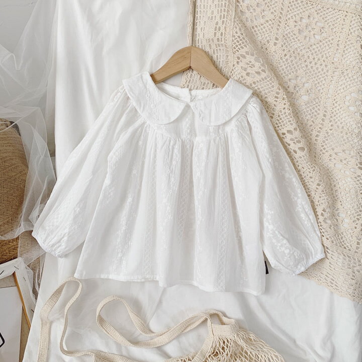Rakuten - 【即納】長袖 ブラウス 刺繡 白襟 キッズ トップス 女の子 子供服 こども服 子ども服 プチプラ 無地 春 夏 100cm 110cm 120cm 130cm 通園 通学 プレゼント ホワイト