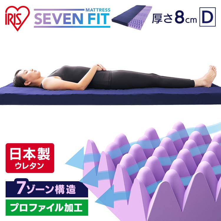 マットレス ダブル 硬め ウレタン マット 8cm D ネイビー 送料無料 フィット 体圧分散 反発 寝返り 睡眠 快適 腰痛 腰痛改善 腰痛対策 マットレストッパー トッパー セブンフィットマットレス UMPZ78-D