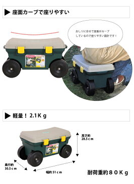 【送料無料】園芸カート フィールドカート グリーン 幅51cm 奥行30.5cm 高さ28.5cm 耐荷重 80kg キャスター4つ 座りやすいカーブ座面 収納ボックス一体型】