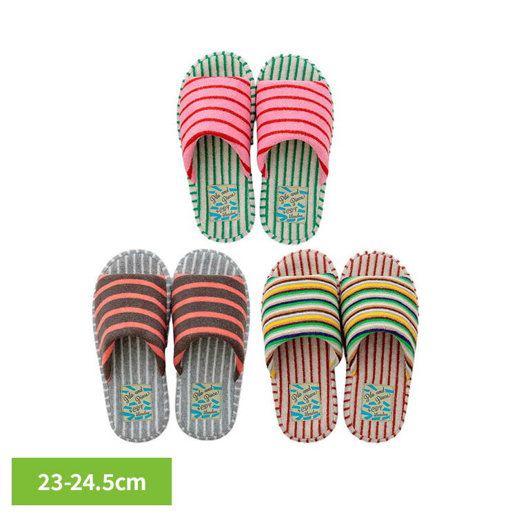 Rakuten - パイルピース 厚底M 0020PLP001スリッパ 夏 かわいい ストライプ 23-24.5cm ピンクグリーン ブラウングレー ミックスレッド 【B】