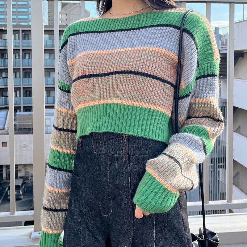 【LINE追加で500円OFF】&soiree アンドソワレ クロップドボーダーニット