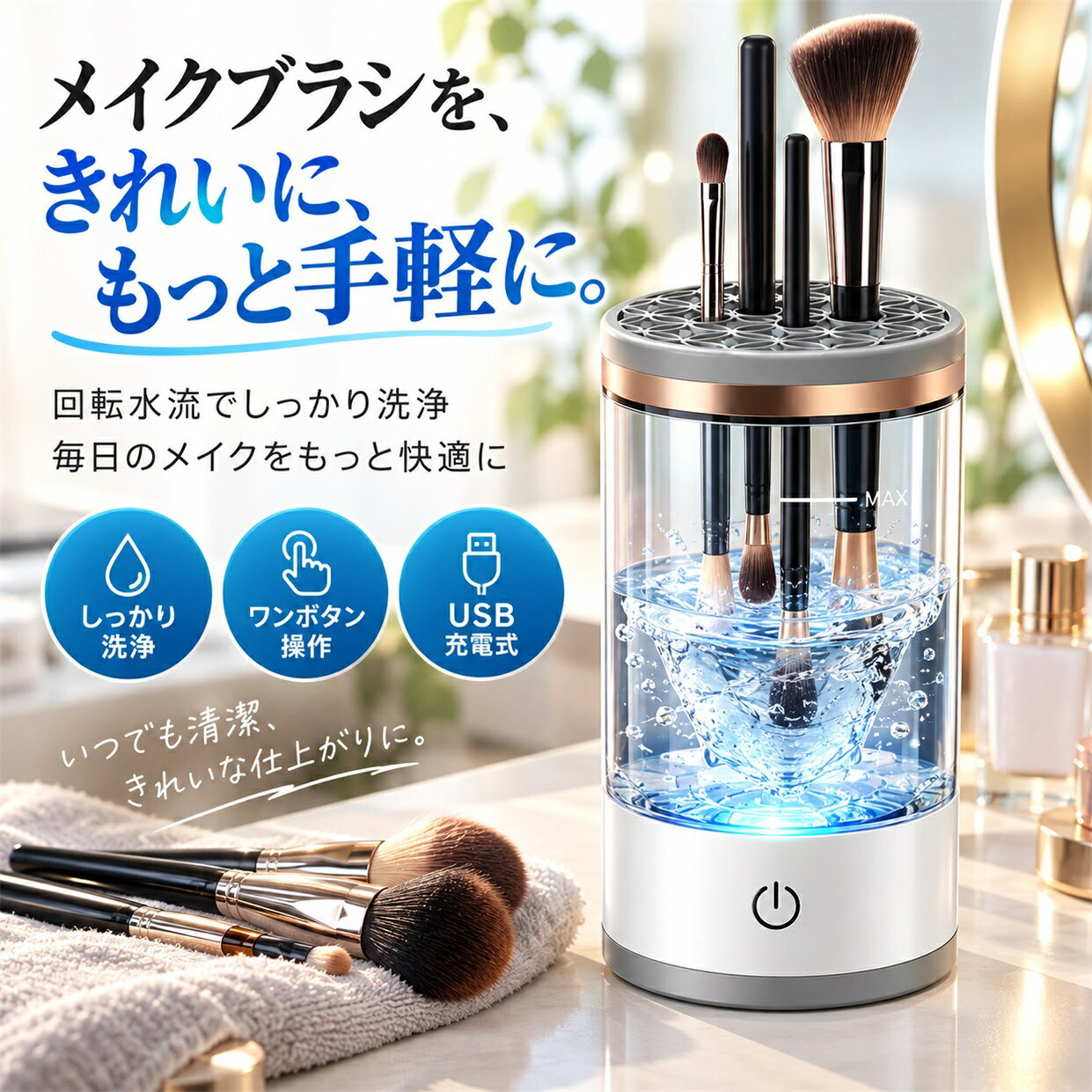 メイクブラシ 収納 メイクブラシクリーナー 電動 化粧ブラシ洗浄機 メイクブラシ洗浄器 USB充電式 自動洗浄 回転式 シリコン洗浄パッド ブラシスタンド ワンタッチ
