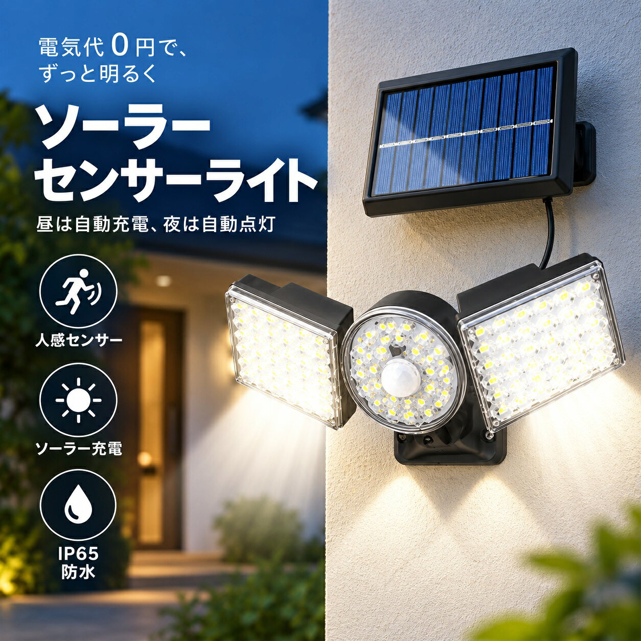 ＼*20%OFFクーポン配布中！*ソーラーセンサーライト 屋外 人感センサー 3面発光 112LED 分離型 ソーラーライト 3モード リモコン付き 角度調整 防水 自動点灯 太陽光充電 玄関 庭 駐車場 防犯ライト
