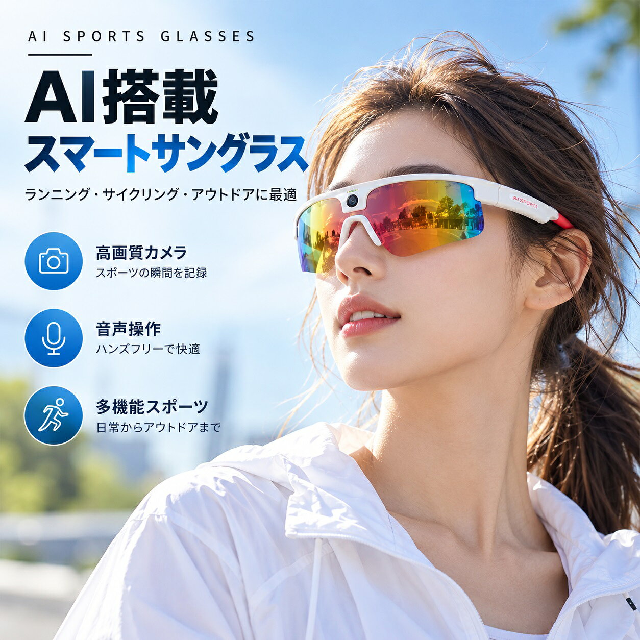 ＼*20%OFFクーポン配布中！*AIスマートグラス カメラ付き メガネ型ウェアラブル 3000万画素 1200P録画 AI音声アシスタント リアルタイム翻訳 手ブレ補正 音声操作 写真撮影 会議録音 ナビ対応 サングラス 軽量 スポーツ 旅行