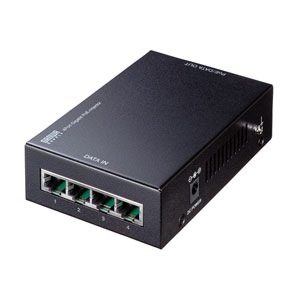 ■規格：IEEE802.3（10BASE-T）IEEE802.3u（100BASE-TX）IEEE802.3ab（1000BASE-T）IEEE802.3af/at■スイッチング方式：Store＆Forward■伝送方式：100Mbps/10Mbps（全二重、半二重）、1000Mbps（全二重）■ポート構成：Dataポート（入力）/4ポート、PoE/Dataポート（出力）/4ポート■PoE対応ポート出力：at規格1ポート (最大）/30Waf規格1ポート (最大）/15.4W全ポート合計120Wまで■消費電力：120.4W（最大）■動作時環境条件：使用時温度/0℃〜40℃■使用時湿度：20％〜95％（結露なきこと）■サイズ：W120×D78×H32mm■重量：280g■付属品：ACアダプタ×1、ゴム脚×4、電源ケーブル（1.5m）×1、アース線×1、取扱説明書×1