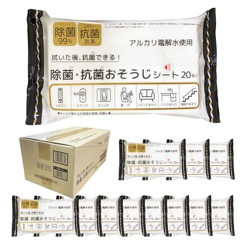 12個セット12個セット/12個/ALP-27・Color:12個セット・パッケージ個数:1・?内容量：20枚×12個入　原産国：日本製　材質：レーヨン、ポリエステル・?寸法　180×300mm（1枚あたりのシートサイズ）、125×210×20mm（パッケージサイズ）・?フローリング・照明器具・家具・車内のお掃除に。リモコン・スイッチ・ドアノブなどみんなが触る場所の除菌・抗菌に。・?【水から生まれたナチュラル洗浄剤！】独自製法で水を電気分解して得られるアルカリ電解水をたっぷり使用しております。・?使い切りのシートで衛生的。水拭きでは取れない油汚れ・皮脂汚れなどのべとべと汚れにも！商品紹介 【成分】アルカリ電解水、発酵エタノール、除菌剤、キレート剤 【用途】フローリング、照明器具、家具、車内のおそうじに。リモコン、エアコン、扇風機、テーブル、食卓、スイッチまわり、ドアノブ、お子様のおもちゃ、ペットまわり、冷蔵庫、電子レンジ、レンジまわりのおそうじに。みんなが触れる共用部の除菌・抗菌に。 【特徴】水を電気分解して得られるアルカリ電解水を使用しております。アルカリ電解水の働きで汚れをしっかり落とします。除菌剤（発酵エタノール）配合で衛生的。ベタつきがなく、すっきりとした拭きあがりで、二度拭きの必要がありません。。pH安定剤は使っていません。 【ご使用方法】表面のシールをめくり、1枚ずつ取り出してご使用ください。 【使用上の注意】用途以外には使用しないでください。 人体用のウェットティッシュではありません。 幼児の手の届くところには置かないでください。 日の当たる所、火気の近く、高温になる所には置かないでください。 汚れが白いスジとして残る場合は、乾いた布で拭き取ってください。 使用後は燃えるゴミとして処理してください。 水性ペンキや漆塗り、ニス塗り、白木、桐、皮革、壁紙面、水が浸み込む場所、真鍮、アルミ素材には使用しないでください。 ザラザラしている面、凹凸が激しい面への使用は避けて下さい。 乾燥を防ぎ、品質を保持するため、表面シールをキチン閉めてください。 取り出す時、無理に引き出すと破れることがあります。 多量の水や洗浄剤、漂白剤、カビ取り剤など他の液体洗剤との併用はしないでください。 酸を使った商品と混ぜないでください。 シートは水に溶けませんので水洗トイレに流さないでください。 シートを家具や床の上に長時間放置しないでください。変色する場合があります。 材質・塗装の種類によっては表面が変色する場合があります。使用前に目立たないところで試し拭きをし変色がないことを確認してからご使用ください。 開封後は3ヶ月程度で使い切ってください。 ※すべての菌を除菌できるわけではありません。 ※テレビ・パソコンなどの画面には使用しないでください。 原材料・成分 ‐