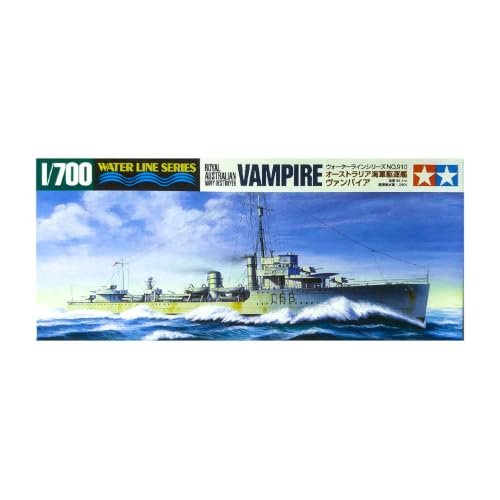リアルグレイ/小型/TM31910・パッケージ個数:1・組み立て、塗装が必要なプラモデル。別途、工具、塗料等が必要。オーストラリア海軍の駆逐艦ヴァンパイアを1/700スケール、全長136mmで再現したプラスチックモデル組立てキット。 艦首楼を設け凌波性を高めた船体や背負い式の前後主砲、魚雷発射管の配置など、建造当時に画期的といわれた姿を精密に再現。 主砲や魚雷発射管はポリキャップにより完成後も旋回可能。表情の変化を楽しめます。 軍艦旗シートと船体番号のデカール付き。 (.co.jpより)