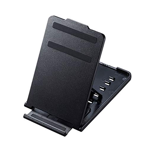 縦置きブラック/W90×D7.5×H130mm(スマホ・タブレット対応)/PDA-STN33BK・Size:W90×D7.5×H130mm(スマホ・タブレット対応)・パッケージ個数:1・折りたためば厚さがわずか7.5mmの薄型サイズのスマートフォン、タブレットスタンドです。・凹凸の少ないフラットなデザインは、カバンの中に入れてもかさばりません。・重量が約66gと軽量な為、持ち運びに便利です。・角度を5段階に調節できるので、スマートフォンやタブレットをお好みの角度でご使用いただけます。・機器を設置する部分には傷防止ラバーがあり、設置した機器の傷付きを防ぎます。折りたためば厚さわずか7.5mmの薄型サイズで5段階に角度調節ができるモバイルスタンド。 ●折りたためば厚さがわずか7.5mmの薄型サイズのスマートフォン、タブレットスタンドです。 ●凹凸の少ないフラットなデザインは、カバンの中に入れてもかさばりません。 ●重量が約66gと軽量な為、持ち運びに便利です。 ●角度を5段階に調節できるので、スマートフォンやタブレットをお好みの角度でご使用いただけます。 ●機器を設置する部分には傷防止ラバーがあり、設置した機器の傷付きを防ぎます。 ●本体裏面の滑り止めラバーで操作時に本体をしっかり安定させます。 ●縦置き、横置きどちらでもご使用いただけます。 ■材質:本体/ABS樹脂、滑り止め/シリコン ■サイズ：W90×D7.5×H130mm ■対応機器サイズ:本体の厚みが11mm以下のスマートフォン、タブレット ■重量:約66g