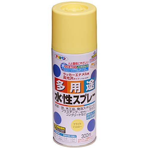 ブライトイエロー/300ml/-・Color:ブライトイエローSize:300ml・パッケージ個数:1・タレにくく、きれいに仕上がります。・油性塗料や、発泡スチロールに塗っても下地を侵さず、いろいろな素材に使用できます。・乾燥前には水ぶきで落とせて、いったん乾くと日光や雨に強い。・消防法上の非危険物・鉛・クロム化合物を使用していません。乾燥時間:夏期/40~50分 冬期/1~2時間 ●塗り重ね時間の目安: 1回で仕上げずに乾燥させてから2回目を塗装してください。 光沢:ツヤあり/ツヤ消し 下処理方法:■塗る面のゴミ、油分、ホコリ、ワックスをとります。 ■塗料がついて困る周囲はあらかじめマスキングテープや養生シートで覆います。 ■取り扱い中は、必要に応じてマスクや保護メガネ、手袋などを使用してください。 ■新しいコンクリートやモルタルには適しません。