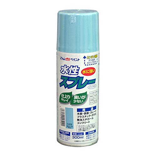 うす空/300ml/00001-09514・Size:300mlColor:うす空・パッケージ個数:1・入数:1本・材質/仕上:成分:水溶性アクリル樹脂特長 ・霧が細かいので、誰でも綺麗に塗装ができます。 ・指が疲れにくい、軽いタッチのプッシュボタンです。 ・乾いた塗膜は水に強く、落ちません。 用途 ・鉄部、木部、コンクリート、ガラス、発泡スチロール、段ボール紙、プラスティック(アクリル・ポリスチレン・ABS・硬質塩化ビニル樹脂)などに。 仕様 ・色:うす空 ・容量(L):0.3 ・乾燥時間:20~30分(夏期)、40~60分(冬期) ・塗布面積:0.7~1.2m2 ・噴射パターン:だ円吹き(パターンノズル回転可) ・建築基準法対応製品:F☆☆☆☆ 注意 ・ラッカー系塗料の上塗りはできません。 ・換気の良い場所で塗装してください。 ・屋外でご使用ください。 ・まわりの車や建物等に飛び散らないよう注意してください。 ・塗れない場所の代表例【浴室床、ユニットバス、池など水が溜まる所、油分がある所、アルミ、ステンレス、磁器タイル、化粧合板、ビニールクロス、軟質塩ビ、ポリエチレン、ポリプロピレン、トタン、高級家具、バイク、自動車、床面全般など】。