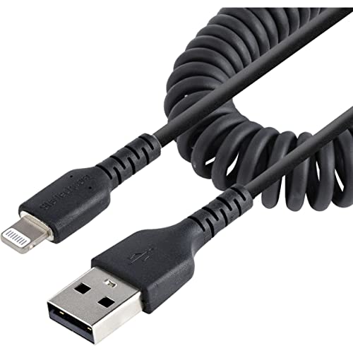 ブラック/50cm/RUSB2ALT50CMBC・パッケージ個数:1・USB-A − Lightningケーブル：コイル型のケーブルで32cmから最大50cmまで伸縮。丈夫で柔軟性のあるTPEジャケットにより、巻き取りやすく、車のコンソールボックスやグローブボックスに収納可能・高耐久性：アラミド繊維で補強した高品質Lightning - USB-Aケーブル。頑丈で引っ張りに強く、1万回以上の挿抜耐久テスト、および、180度の角度で5千回以上の屈曲耐久テストをクリア。耐久性に優れたTPE素材の採用でストレインリリーフ。TPEは非毒性、ハロゲンフリー・Apple MFI認証取得：USB-A充電ポートからiPhone 13/12 Pro/Max/Mini、iPhone 8/11/11 Pro、iPhone XR、iPad Air、iPad、iPad MiniなどLightningデバイスへ高速で確実な充電/同期を実現・Lightningコネクタ内蔵デバイスの充電：AirPods、Magic Keyboard、Magic Trackpad、Magic Mouse、Siri 50cmのコイル型Lightning - USB-Aケーブル。モバイル機器の充電や同期といった日常の仕様に耐えられるように設計されています。また、32cmまで縮めることができ、コンパクトに収納することができます。デイリーユースに最適耐久性に優れたこのLightning充電ケーブルは、アラミド繊維の補強により、頻繁な曲げによるストレスからケーブルを保護します。これにより、ケーブルの芯を伸ばしすぎたり、損傷したりすることなく、ケーブルを屈曲させることができます。柔軟なストレインリリーフこのLightning - USB-Aケーブルは、コネクターがジャケットから分離しない構造になっています。 超長尺のストレインリリーフモールドは、180度の角度で5 000回以上の屈曲耐久テストをクリアしています。優れた接続性この丈夫なケーブルは、すべてのUSB 2.0仕様に対応しており、すべてのLightningデバイスを確実に接続することができます。また、Apple MFi認証を取得しており、USB-A充電ポートからの高速で信頼性の高い充電・同期がされています。StarTech.comでは、本製品に2年間と無期限無料技術サポートを提供しています。