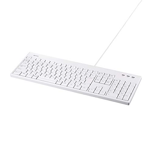 ホワイト/-/BSKBU525WH・Color:ホワイト・パッケージ個数:1・【対応機器】USB Type-A端子をもつパソコン、タブレット、ゲーム機(Nintendo Switch PlayStation5 PlayStation4)・■抗菌樹脂採用【国際規格　ISO22196/JIS Z 2801】・■汚れも、普段のお手入れも、水で丸洗いできる　防水・防塵対応【防水・防塵等級　IP55】・■洗っても文字が消えにくいレーザー刻印を採用・■隙間の汚れを落とすクリーニングブラシ付き【仕様】 ■対応機種　USB Type-A端子をもつパソコン、タブレット、ゲーム機 ■インターフェース　USB Type-A（USB1.1） ■キー数　108キー ■配列　日本語（JIS準拠） ■テンキー有無　あり ■キー構造　メンブレン ■キーピッチ　19mm ■キーストローク　3.5mm ■キートップ印字方式　レーザー刻印 ■角度調整スタンド　あり ■状態表示　Scroll Lock／Caps Lock／Num Lock ■ケーブル長　約1.5m ■外形寸法（幅×高さ×奥行）　約445×21×151mm（突起部含まず） ■質量　約560g ■取得規格　VCCI Class B、SIAA ■パッケージ寸法（幅×高さ×奥行）　約460×32×175mm ■パッケージ質量（本体含む）　約740g ■動作環境　温度5〜40℃、湿度5〜90%（結露なきこと） ■期間　1年間 ■付属品　取扱説明書／書、クリーニングブラシ