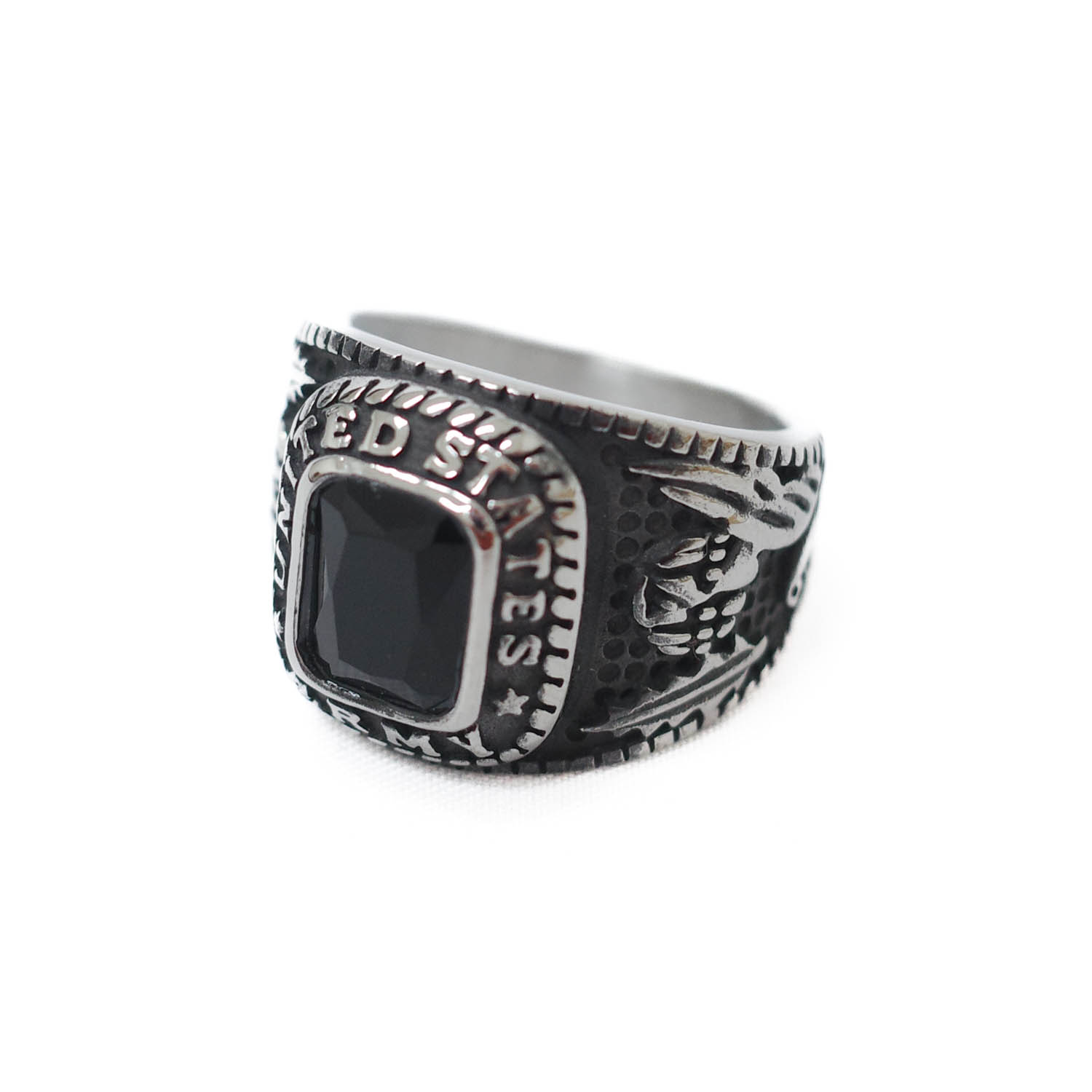 【UT205】 U.S. ARMY United States Army Military Stainless Steel Men’s Ring with Black Stone ユー..