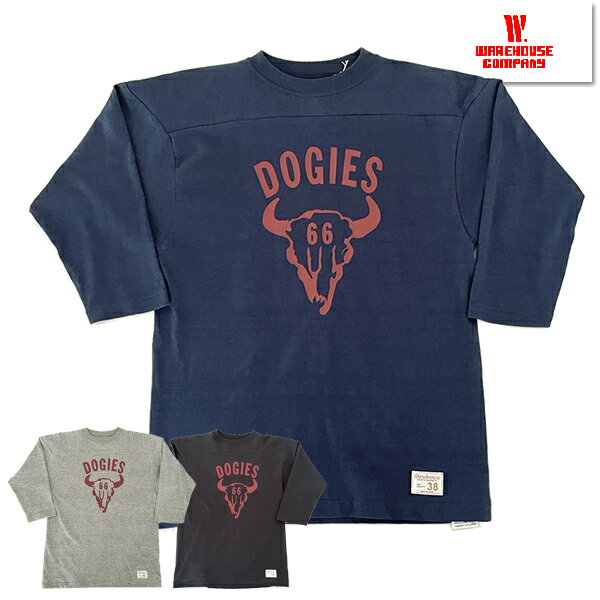 ウエアハウス WAREHOUSE 7分袖 フットボールT Lot 4063 DOGIES Tシャツ 七分 FBT フットT TEE プリント トップス カットソー シャドウボーダー シャドーボーダー 未洗い コットン 綿 ヴィンテージ メンズ アメカジ 新作 日本製 春 夏 杢グレー スミクロ ブラック ネイビー