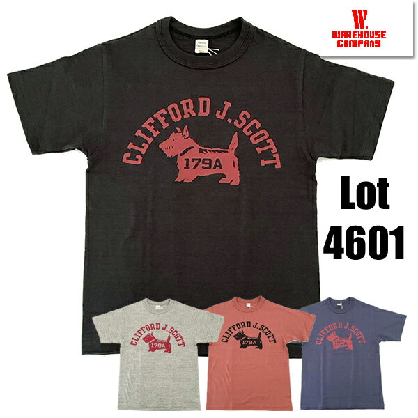 ウエアハウス WAREHOUSE Tシャツ Lot 4601 CLIFFORD J.SCOTT 半袖 カットソー プリント TEE シャドウボーダー ムラ糸 未洗い ロゴ 犬 綿 コットン アメカジ ヴィンテージ メンズ レディース 人気 2024年 春夏 新作 日本製 スミクロ ナスコン サーモン 杢グレー 黒 ネイビー