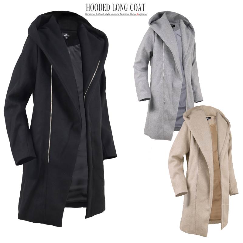 ロングコート メンズ メルトン ボリューム フード キレイめ フーデッド 細見 スリム コート B021117-01