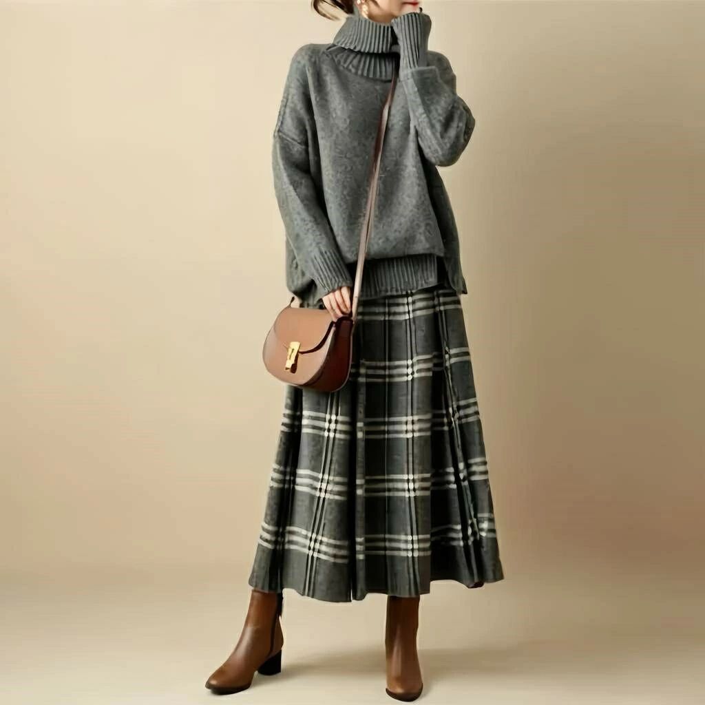 謝恩会 披露宴 結婚式 成人式 服装 発表会 七五三 卒園式 卒業式 入園式 入学式 参観日 学校 ゆったり 冬 秋 春 長袖 トップス チェック ロング丈 スカート Aライン 2点セット スカートスーツ プリーツ スカート ニット セーター ニット 冬 秋 レディース セットアップ
