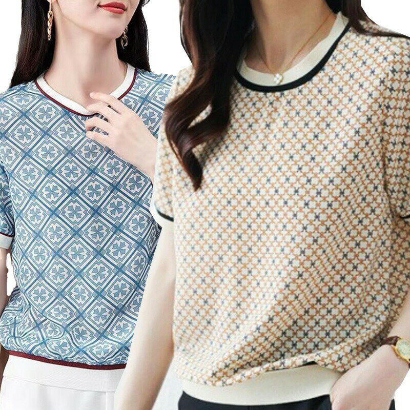 50代 40代 30代 大きいサイズ ゆったり オフィスカジュアル 秋 夏 春 柄シャツ レトロ オフィス tシャツ トップス シャツ きれいめ トップス ブラウス 半袖 レディース
