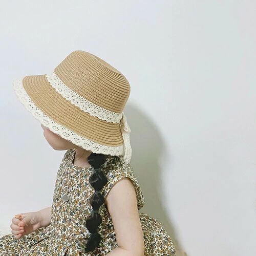 女の子 3歳 キッズ 可愛い ストローハット 春 旅行 サンバイザー リボン 6歳 5歳 U...