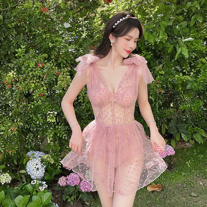 ハヤブサ1のレディース 背中美人 20代 スイムウェア リボン シースルー ノースリーブ かわいい パンツ 水着 可愛い 量産型 オールインワン ワンピース 袖なし バックレス スクエアネック バックシャン 女性水着 ワイヤーあり 花柄 盛れる おしゃれ 水泳 透かし ピンク 温泉旅行｜アングル2