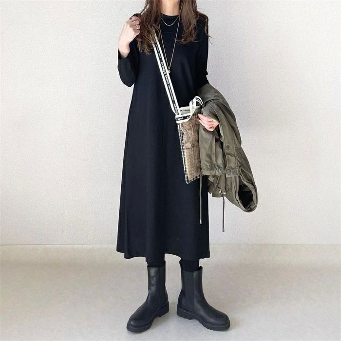 樂天商城 - ロング ワンピース レディース 長袖 ロング丈 クルーネック ワンピ 大人 可愛い カジュアル 春 秋 冬 Aライン 体型カバー きれい