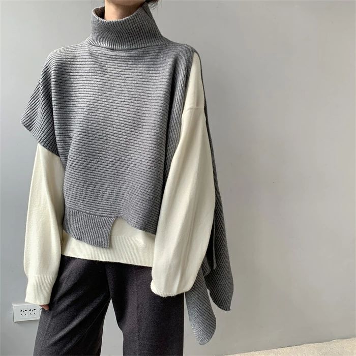 ニットベスト ハイネック ニット レディース 秋 アシンメトリー リブニット リブ 重ね着 トップス レイヤード 不規則 カットソー