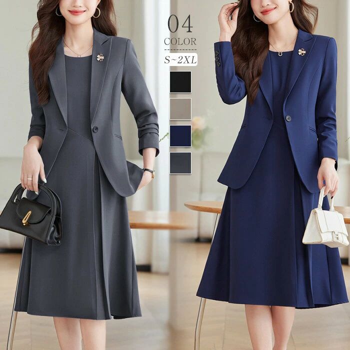 ワンピーススーツ 上品 女性らしい エレガント 入園式 レディース 通勤 卒業式 上下セット 入学式 ブラック ビジネススーツ 長袖 スーツセット オフィス お洒落 スーツ 2点セット aラインワンピース フレアワンピース フォーマル ジャケット 大きいサイズ OL 黒 洗える