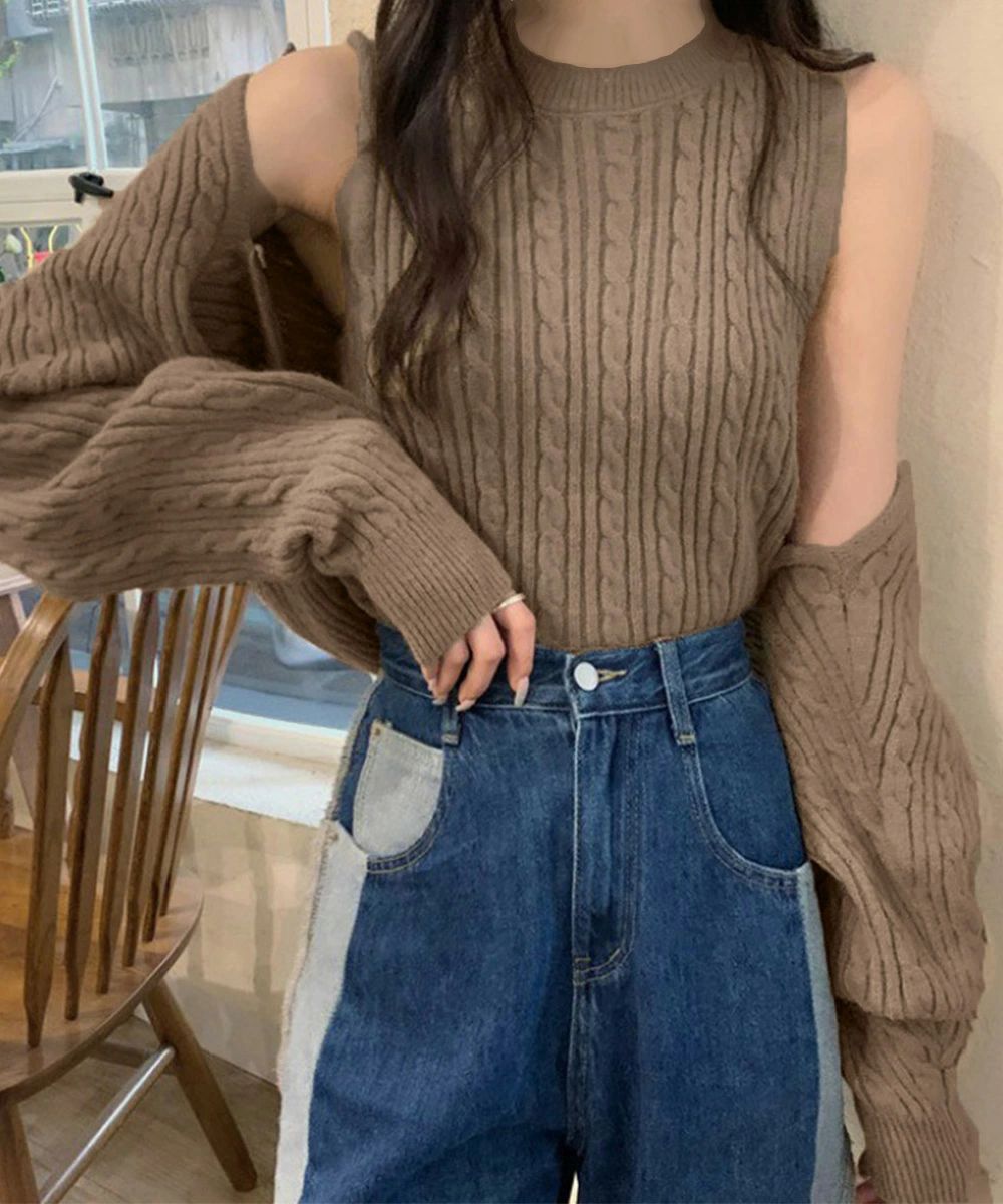 ニットカーディガン タンクトップ ケーブル編 レディース セット